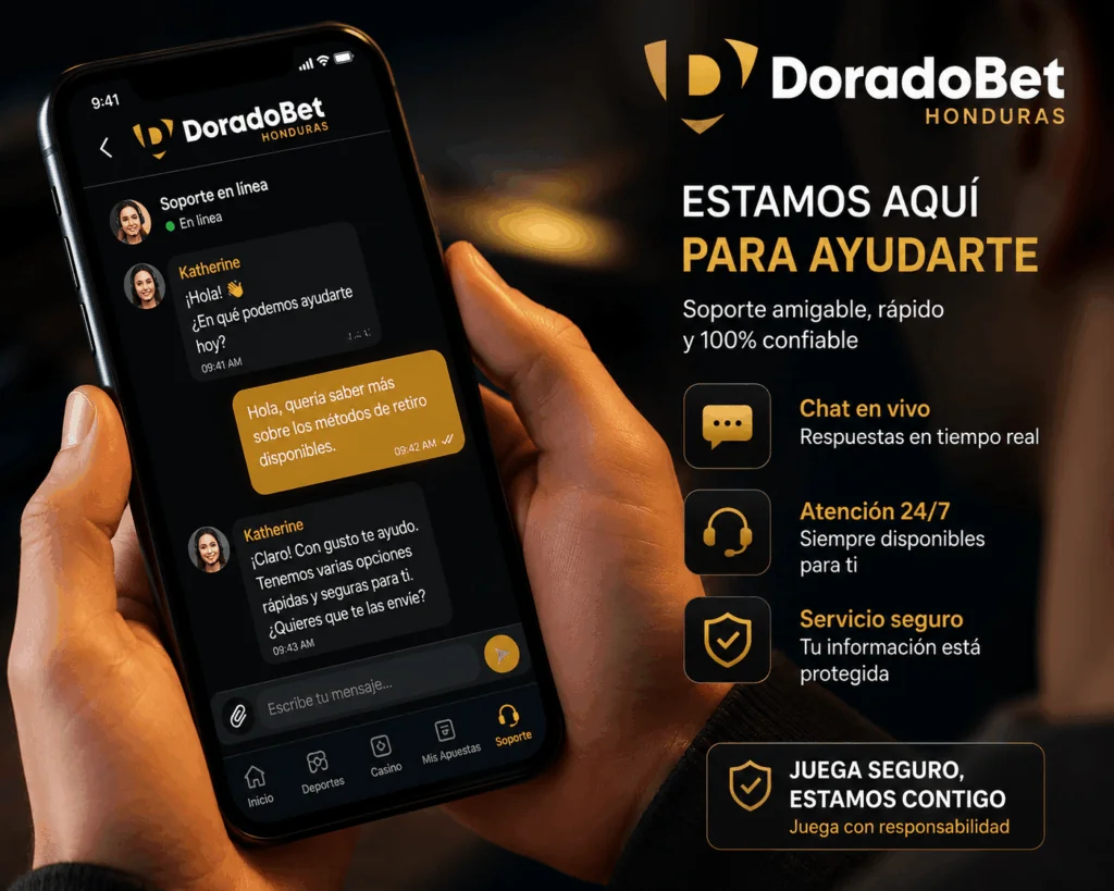 Atención al cliente de DoradoBet Honduras mediante chat en vivo con asistencia disponible las 24 horas.