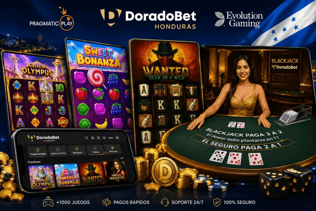 Selección de tragamonedas y casino en vivo de DoradoBet Honduras con proveedores reconocidos y acceso desde móvil.