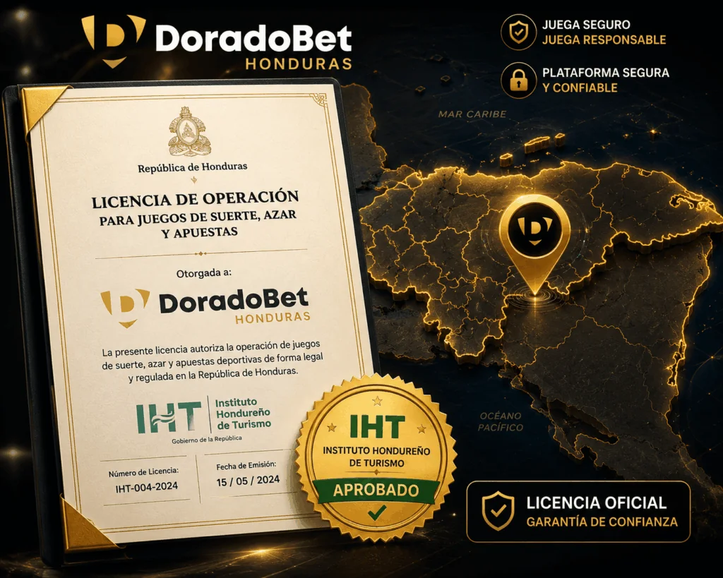 Licencia de operación de DoradoBet Honduras respaldada por el Instituto Hondureño de Turismo para ofrecer juego regulado.
