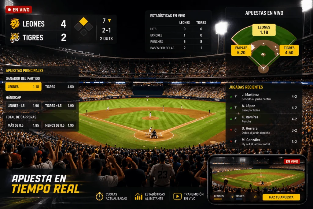 Apuestas de béisbol en vivo en DoradoBet Nicaragua con estadísticas y cuotas actualizadas en tiempo real.