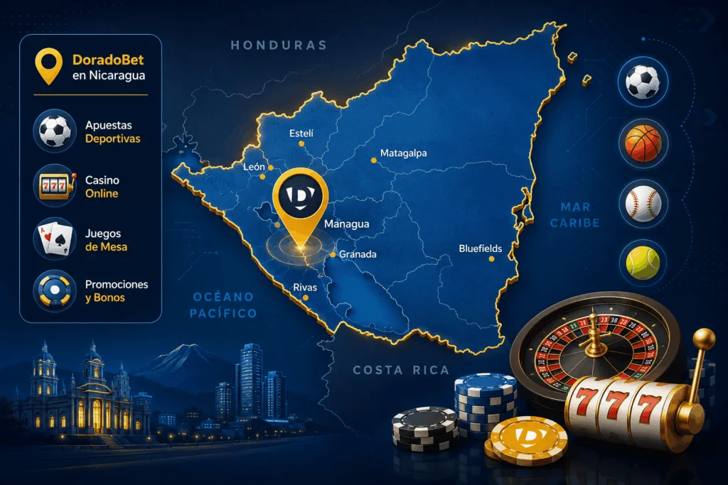 Mapa de Nicaragua con la presencia de DoradoBet y acceso a apuestas deportivas, casino y promociones.
